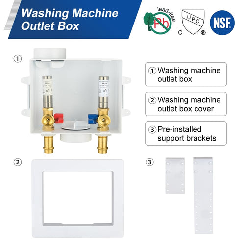1/2" Copper Press Inlet, Washing Machine Outlet Box, with SS Water Hammer Arrestor, Center Drain Plumbingsell
