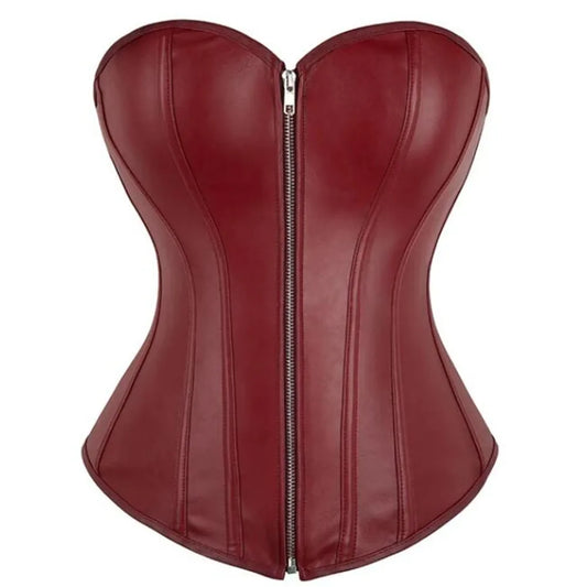 Vintage Overbust Faux Leather Corset Front Zip Lace-Up Steampunk Bustier