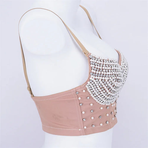Rhinestone Beaded Bustier Corset Crop Top High Fashion Evening Party Bralette