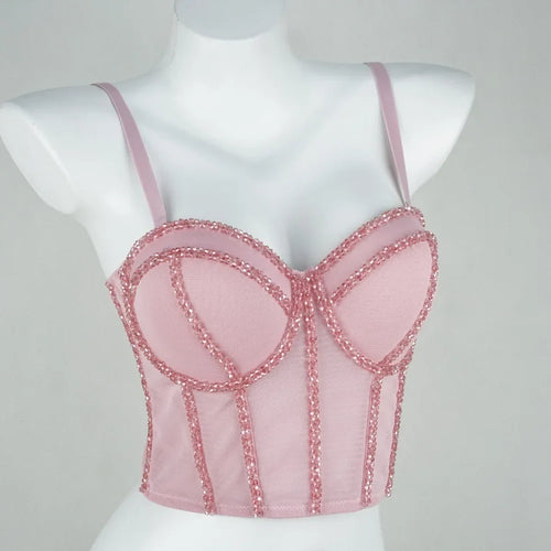 Pearl Beaded Bustier Corset Crop Top Push-Up Evening Party Camisole