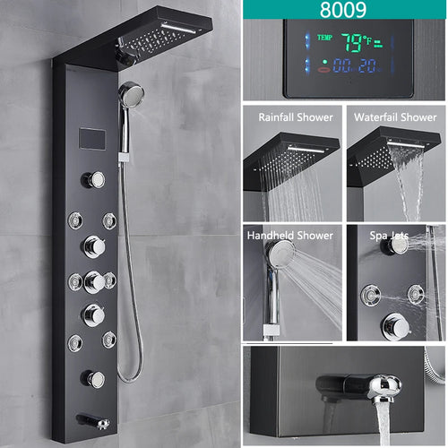 LED Light Bathroom Shower Faucet Set LED Rainfall Shower Panel System Bathtub Water Mixer Tap Massage SPA Temperature Screen