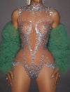 Crystal Mesh See-Through Pole Dance Leotard & Rhinestone Bodysuit Romper