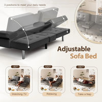 Folding Futon Sofa Bed Sleeper Couch for Living Room Faux Leather Upholstered Loveseat w/Removable Armrests, Metal Legs