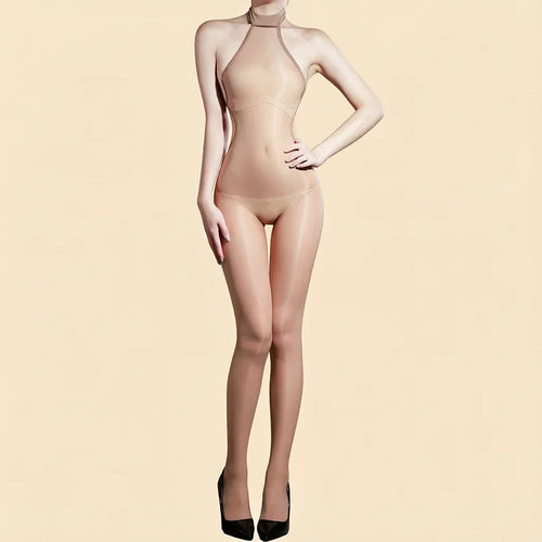 5D 912 PIN Backless Halter Oil Glossy Sheer Bodysuit Leotard