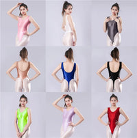 Backless High-Cut Sheer Oil Glossy Bodysuit Satin Smooth Leotard