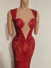Sparkly Red Rhinestone & Sequin Sleeveless Sheer Mini/Long Dress Stage Costume