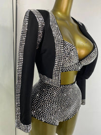 Rhinestone Bustier, High-Waist Mini Shorts & Cropped Jacket 3-Piece Performance Costume Set