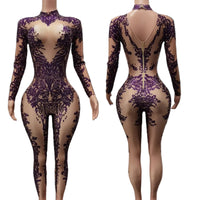 High Neck Crystal Appliqué Illusion Bodysuit