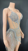 Sparkly Rhinestone & Fringe Sheer Mesh Mini Dress Stage Performance Costume