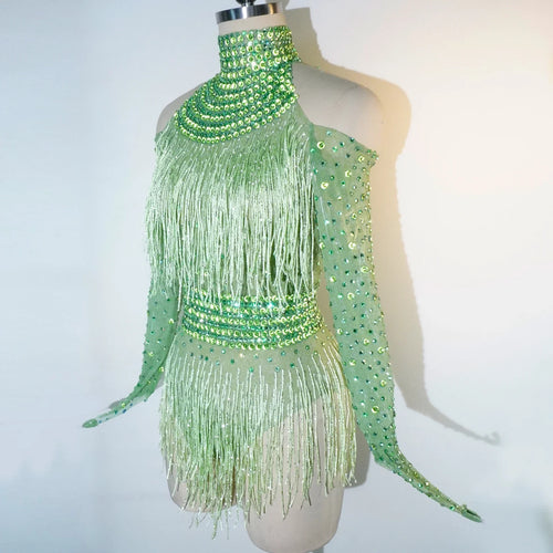 Rhinestone Tassel Mesh Performance Bodysuit