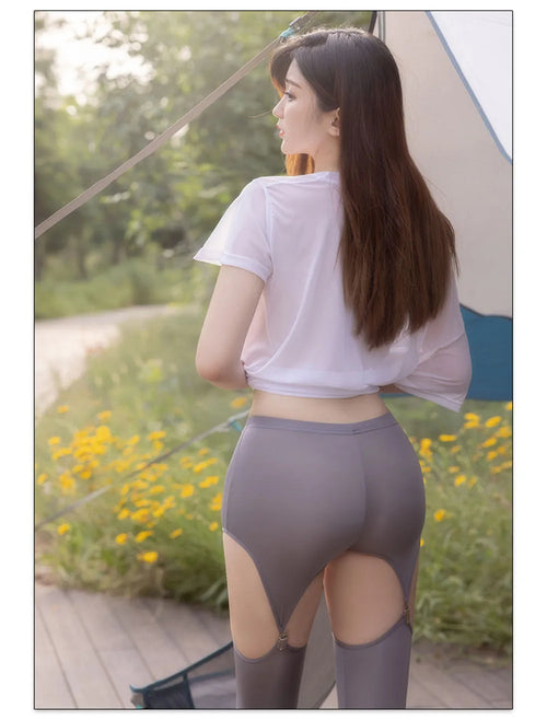 Hollow Out Buckle Shaper Oil Shiny Leggings Garter Belt Pencil Pants