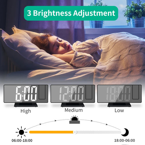 180° Arm Projection Alarm Clock Time Temperature USB Plug-in Digital Alarm Clock Snooze Table Clock 12/24H Projector LED Clock