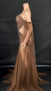 Rhinestone & Pearl Off-Shoulder Sheer Illusion Long Dress Gala Evening Costume