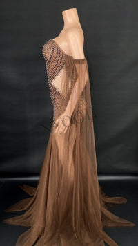 Rhinestone & Pearl Off-Shoulder Sheer Illusion Long Dress Gala Evening Costume