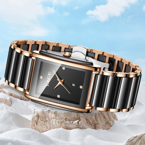Women's Ceramic Square Bracelet Watch Rose Gold Quartz