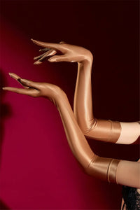 Oil Glossy Satin Smooth Five-Finger Long Elbow Gloves High-Stretch Luxury Evening Gloves