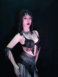 Luxury Crystal Tassel Bikini & Wig Performance Set – Premium Showgirl Stage Costume for GoGo Dancers, Nightclub DJs & Rave Outfits
