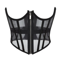 Transparent Sheer Mesh Underbust Corset Zipper Front Boned Waist Cincher Top