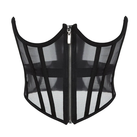 Transparent Sheer Mesh Underbust Corset Zipper Front Boned Waist Cincher Top
