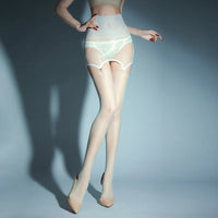 2-in-1 Oil Glossy 1D Sheer Garter Stockings with Lace Package Hip Skirt Tights Set