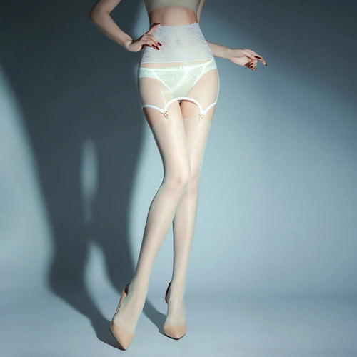 2-in-1 Oil Glossy 1D Sheer Garter Stockings with Lace Package Hip Skirt Tights Set
