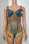 Sparkly Rhinestone & Tassel Fringe Bodysuit Stage Performance Costume