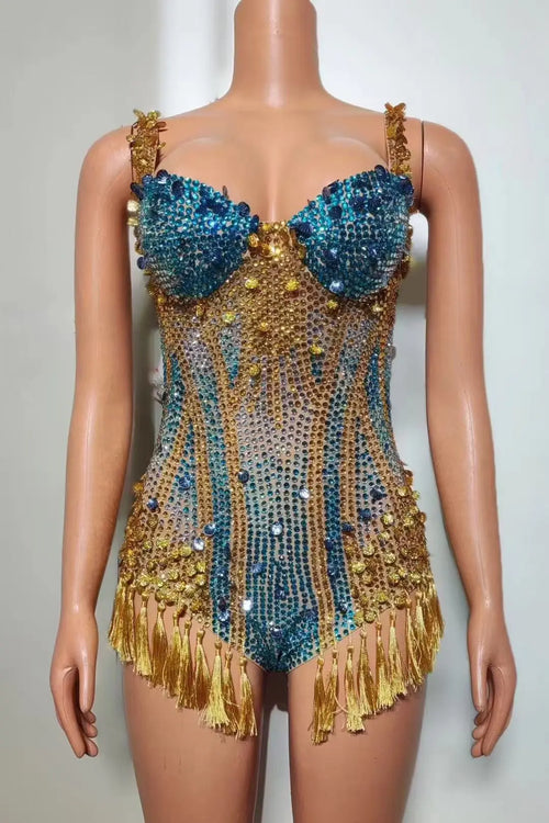 Sparkly Rhinestone & Tassel Fringe Bodysuit Stage Performance Costume