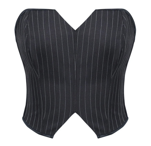Black Striped Overbust Corset Top Zipper Front Lace-Up Bustier Body Shaper