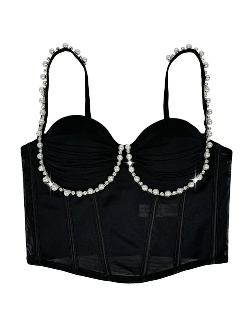 Pearl & Rhinestone Embroidered Bustier Corset Crop Top High Street Bralette