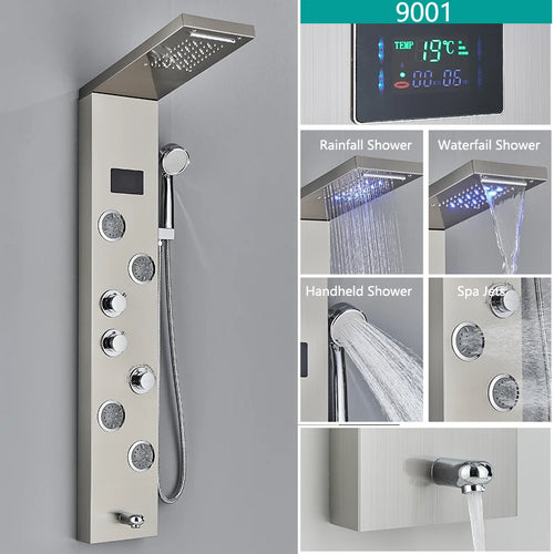 LED Light Bathroom Shower Faucet Set LED Rainfall Shower Panel System Bathtub Water Mixer Tap Massage SPA Temperature Screen