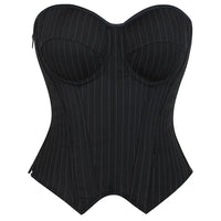 Black Striped Overbust Corset Top Zipper Front Lace-Up Bustier Body Shaper