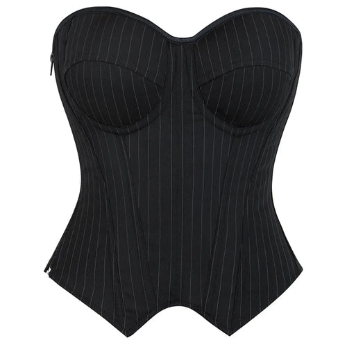 Black Striped Overbust Corset Top Zipper Front Lace-Up Bustier Body Shaper