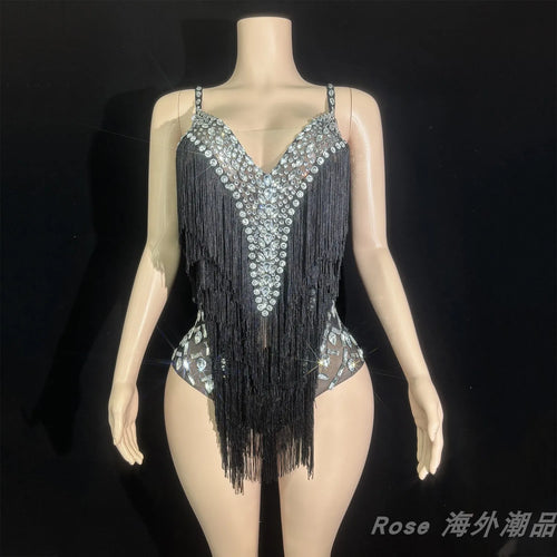 Custom Fringe Rhinestone Bodysuit & Stage Performance Dance Costume