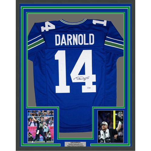Framed Autographed/Signed Sam Darnold 35x39 Seattle Blue Retro Football Jersey Beckett BAS COA