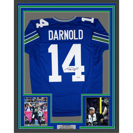 Framed Autographed/Signed Sam Darnold 35x39 Seattle Blue Retro Football Jersey Beckett BAS COA