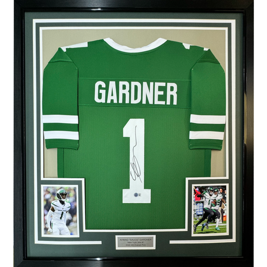 Framed Autographed/Signed Ahmad Sauce Gardner 35x39 New York Green Football Jersey Beckett BAS COA #2
