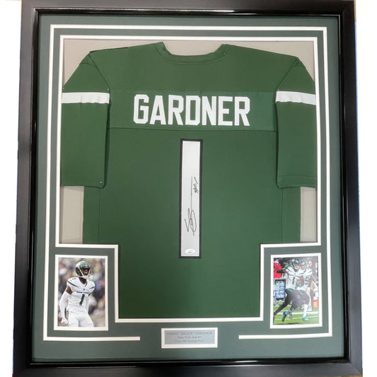 Framed Autographed/Signed Ahmad Sauce Gardner 35x39 New York Green Football Jersey Beckett BAS COA