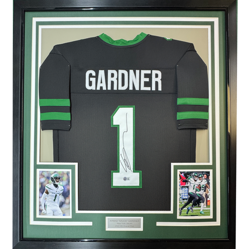 Framed Autographed/Signed Ahmad Sauce Gardner 35x39 New York Black Football Jersey Beckett BAS COA #2