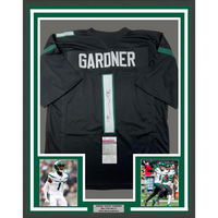 Framed Autographed/Signed Ahmad Sauce Gardner 35x39 New York Black Football Jersey Beckett BAS COA
