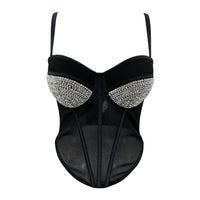 Rhinestone Mesh Denim Bustier Corset Crop Top Push-Up Party Bralette