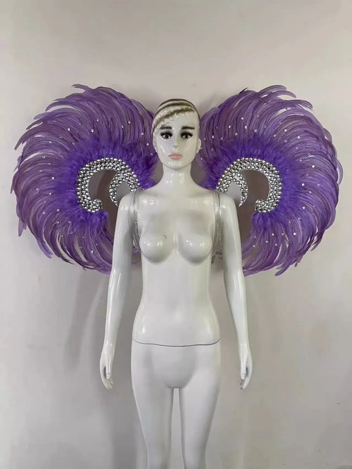 Showgirl Feather Wing Backpiece with Rhinestone Scroll Frames