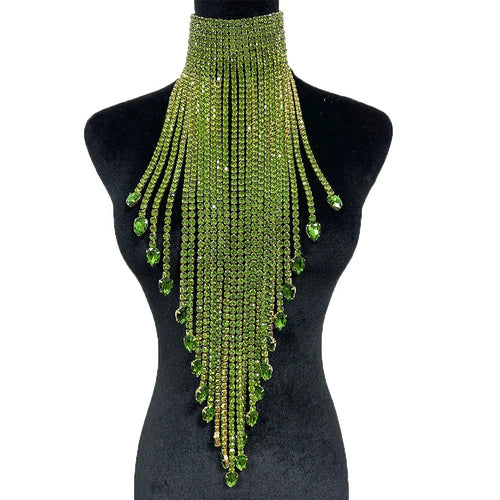 Luxury Rhinestone Long Tassel Statement Choker – Waist-Length Crystal Drop Necklace for Weddings, Galas & High-Fashion Clubwear