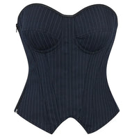 Black Striped Overbust Corset Top Zipper Front Lace-Up Bustier Body Shaper