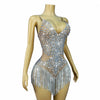 Flashing Crystal Rhinestone Chain Sheer Nude Mesh Stage Bodysuit Dance Leotard