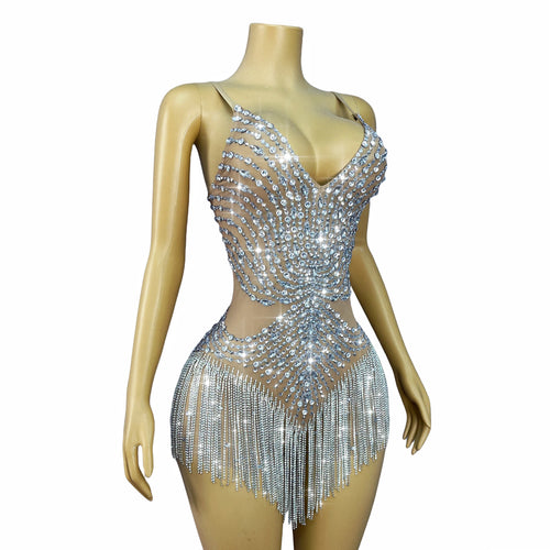 Flashing Crystal Rhinestone Chain Sheer Nude Mesh Stage Bodysuit Dance Leotard