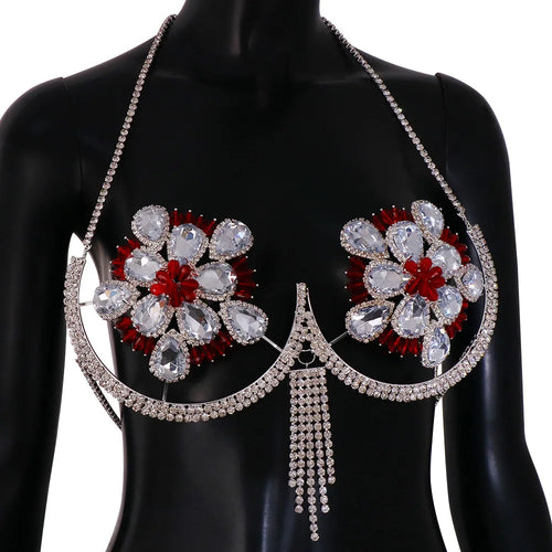 Rhinestone Flower Nipple Pasties & Body Chain Bra Set