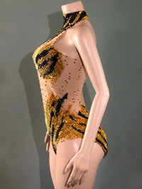 Sparkly Rhinestone Transparent Mesh Bodysuit Stage Performance Costume