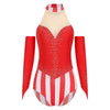 Circus Ringmaster Rhinestone Striped Leotard & Fingerless Gloves Costume Set