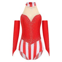 Circus Ringmaster Rhinestone Striped Leotard & Fingerless Gloves Costume Set