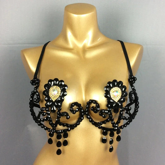 Dazzling Rainbow Crystal Stone Belly Dance Bra & Samba Carnival Performance Top